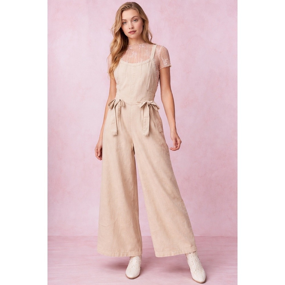 Peach Love California Tan Cotton Wide Leg Bow Waist Jumpsuit Large Boho Beige